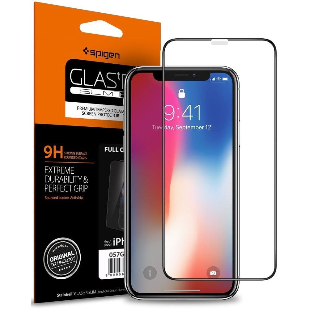 Spigen Glass FC Hærdet glas med sort ramme til iPhone X / XS / 11 Pro
