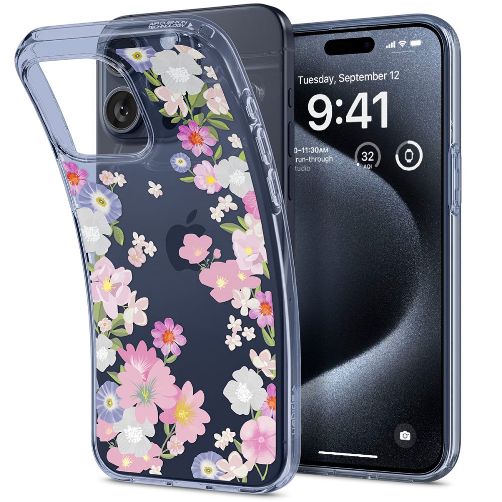 Spigen Flydende krystal iPhone 15 Pro-etui - lyserøde og blå blomster