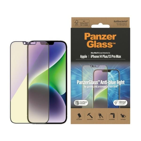 PanzerGlass antibakterielt hærdet glas med blåt lysfilter til iPhone 14 Plus / 13 Pro Max