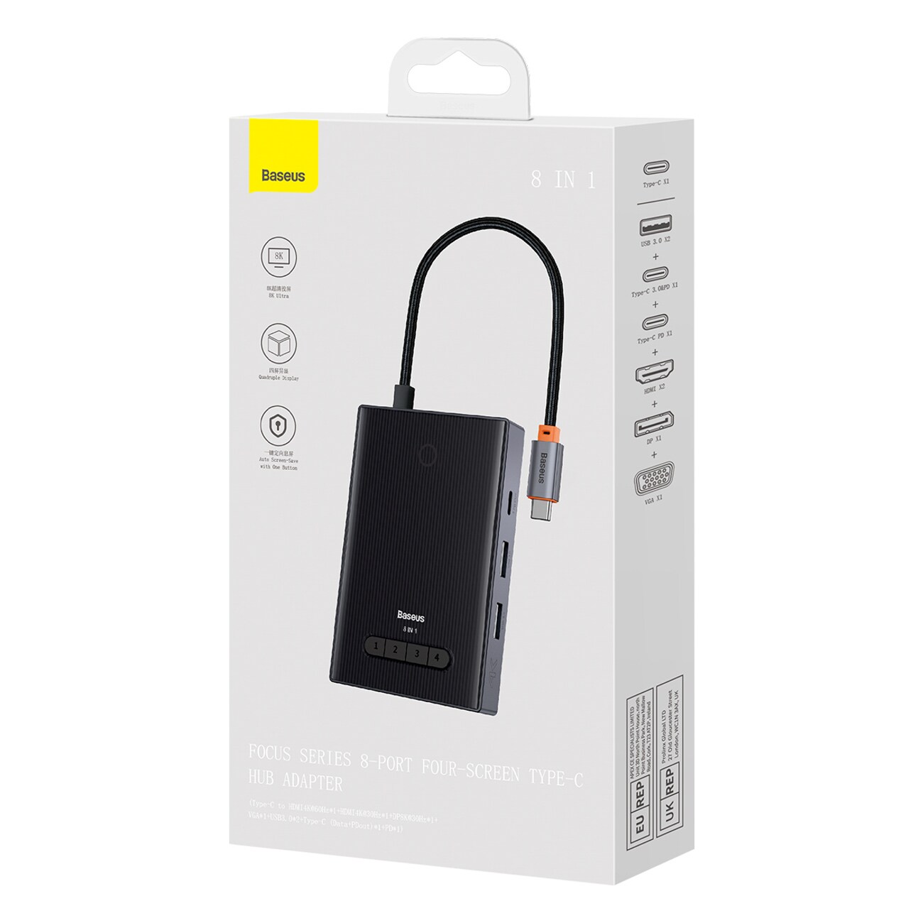 Baseus PioneerJoy 8-in-1 USB-C Hub: 4K HDMI, 8K DisplayPort, VGA, 2 USB-A, 2 USB-C - Gray