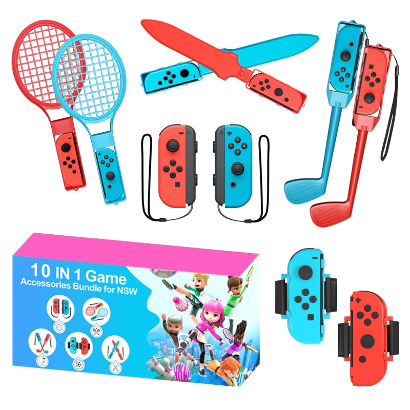Nintendo Switch Sports tilbehørspakke 10 dele / familiepakke / sportsudstyr til Joy-Con i rød og blå