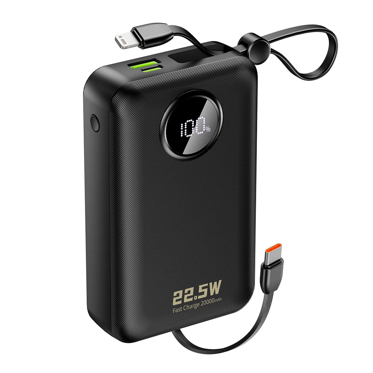 Dudao K14+ Powerbank 20000mAh 22.5W USB-C / USB-A / Indbyggede Lightning- og USB-C-kabler - Sort