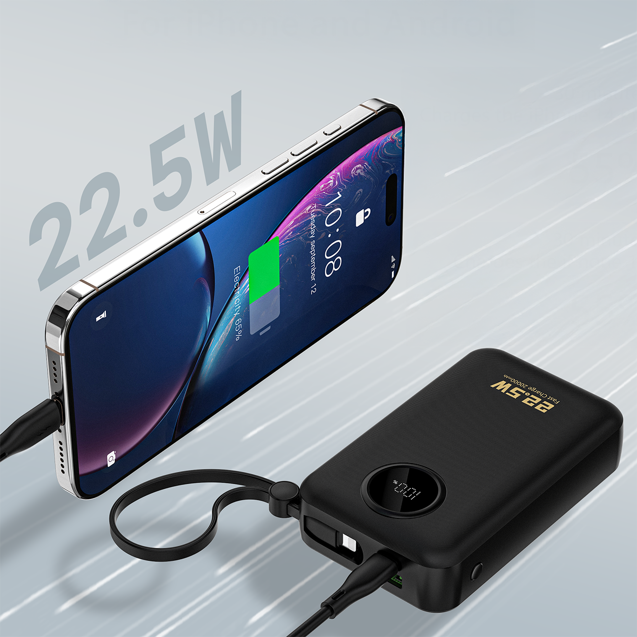 Dudao K14+ Powerbank 20000mAh 22.5W USB-C / USB-A / Indbyggede Lightning- og USB-C-kabler - Sort
