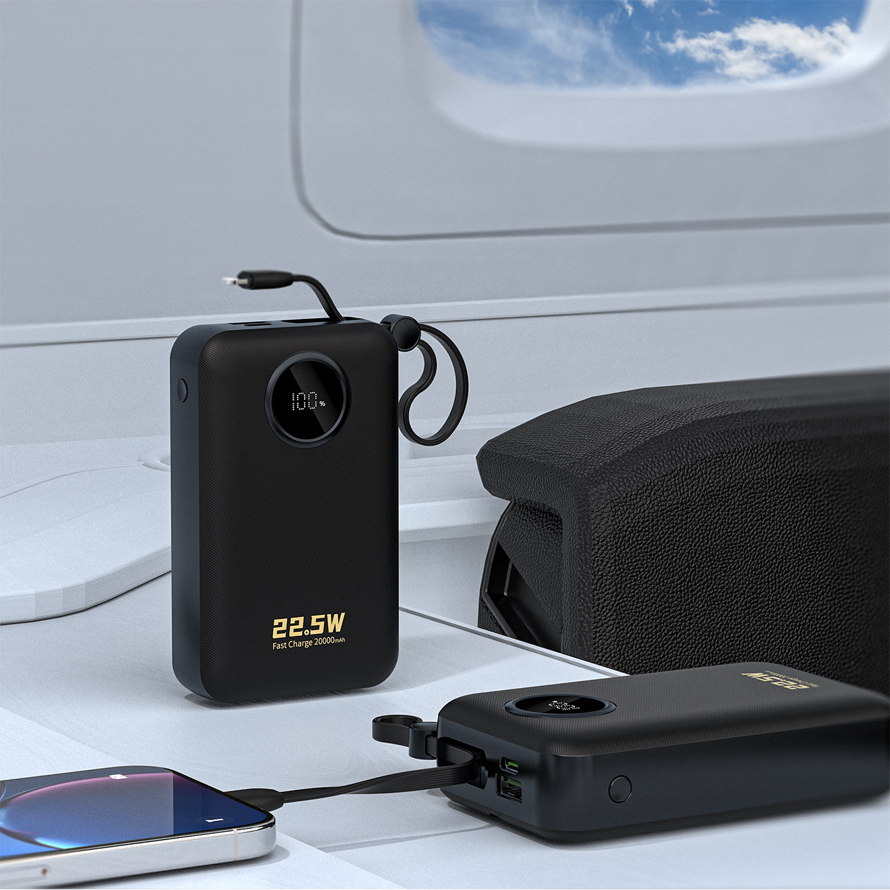 Dudao K14+ Powerbank 20000mAh 22.5W USB-C / USB-A / Indbyggede Lightning- og USB-C-kabler - Sort