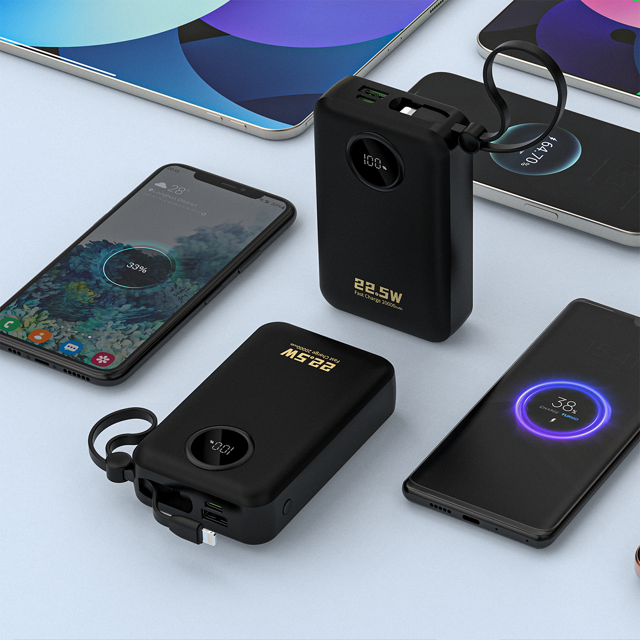 Dudao K14+ Powerbank 20000mAh 22.5W USB-C / USB-A / Indbyggede Lightning- og USB-C-kabler - Sort