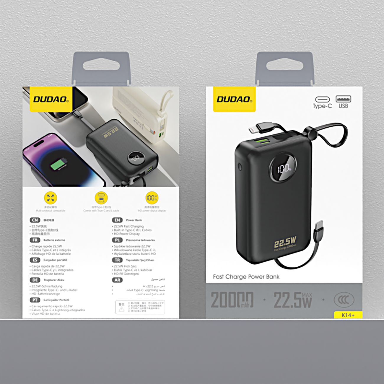 Dudao K14+ Powerbank 20000mAh 22.5W USB-C / USB-A / Indbyggede Lightning- og USB-C-kabler - Sort