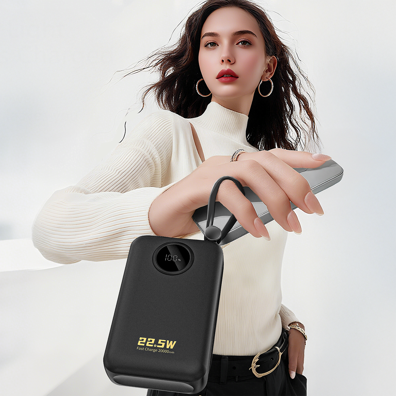 Dudao K14+ Powerbank 20000mAh 22.5W USB-C / USB-A / Indbyggede Lightning- og USB-C-kabler - Sort