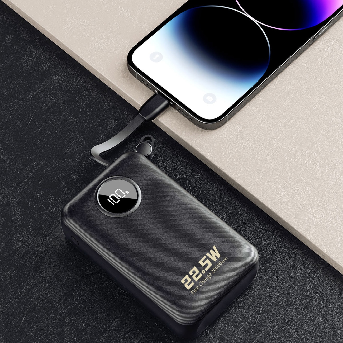Dudao K14+ Powerbank 20000mAh 22.5W USB-C / USB-A / Indbyggede Lightning- og USB-C-kabler - Sort