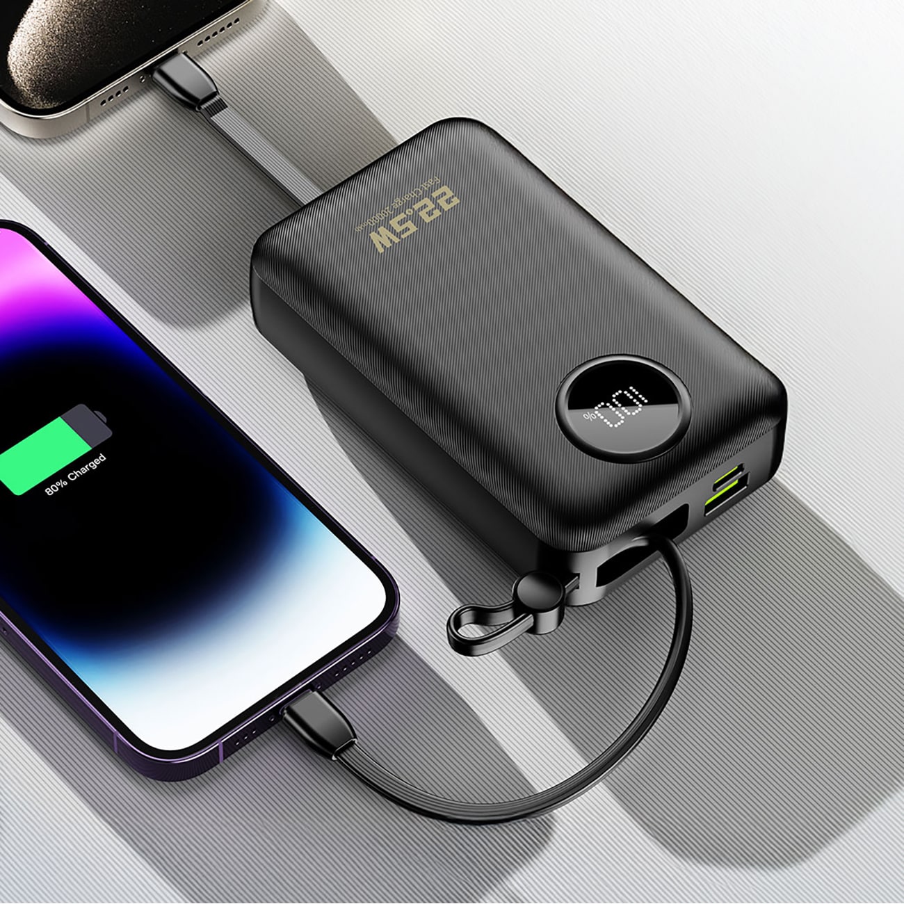 Dudao K14+ Powerbank 20000mAh 22.5W USB-C / USB-A / Indbyggede Lightning- og USB-C-kabler - Sort