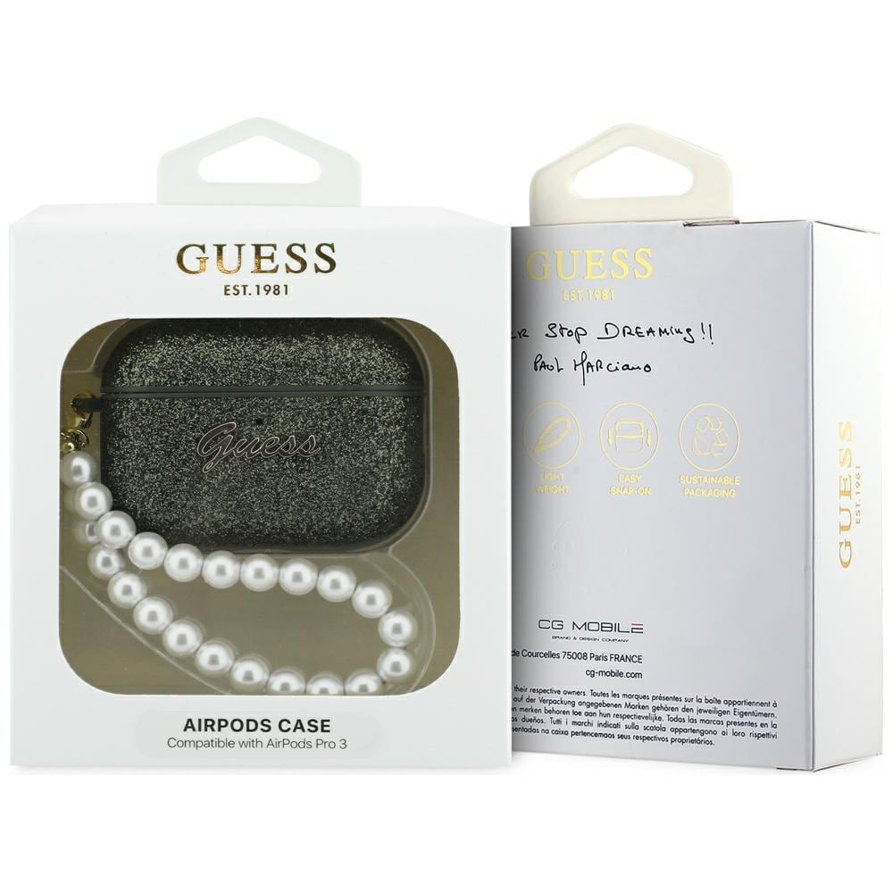 Guess Glitter Pearl Strap-etui til AirPods Pro 3 - sort og glitter