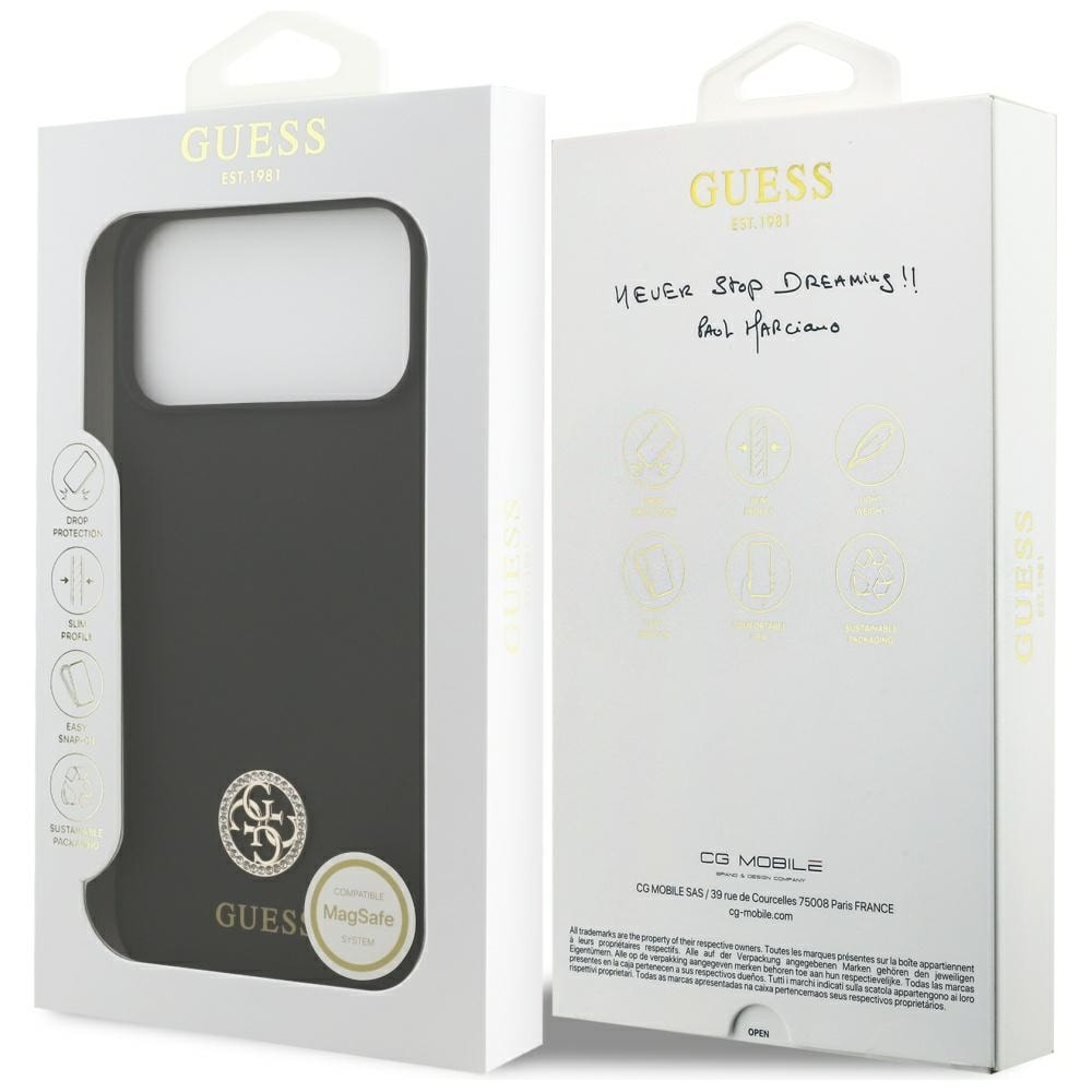 Guess Silikone Logo Strass 4G MagSafe-etui til iPhone 17 Pro Max - Sort