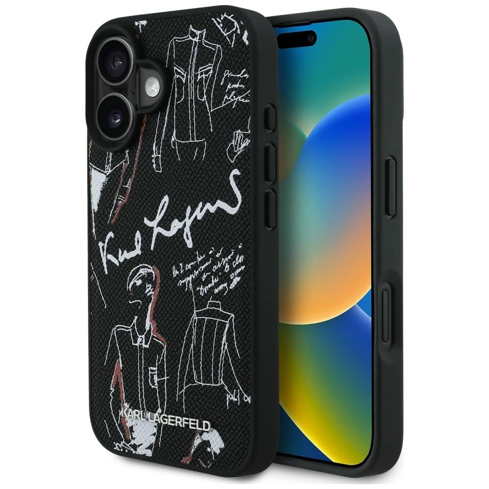 Karl Lagerfeld MagSafe-etui med kornet mønster og logo til iPhone 16 - Sort