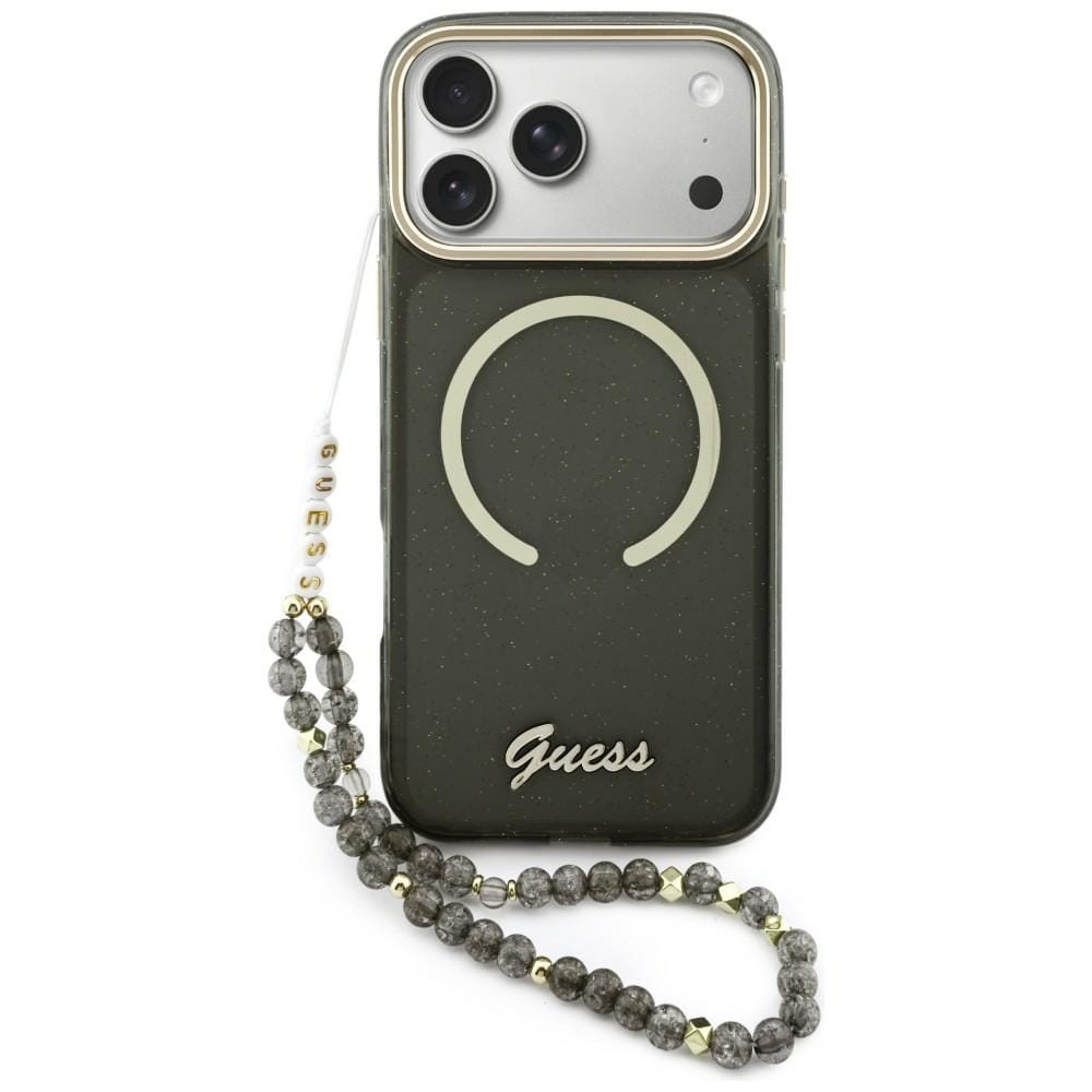 Guess IML Glitters Script Strap MagSafe-etui til iPhone 17 Pro Max - sort