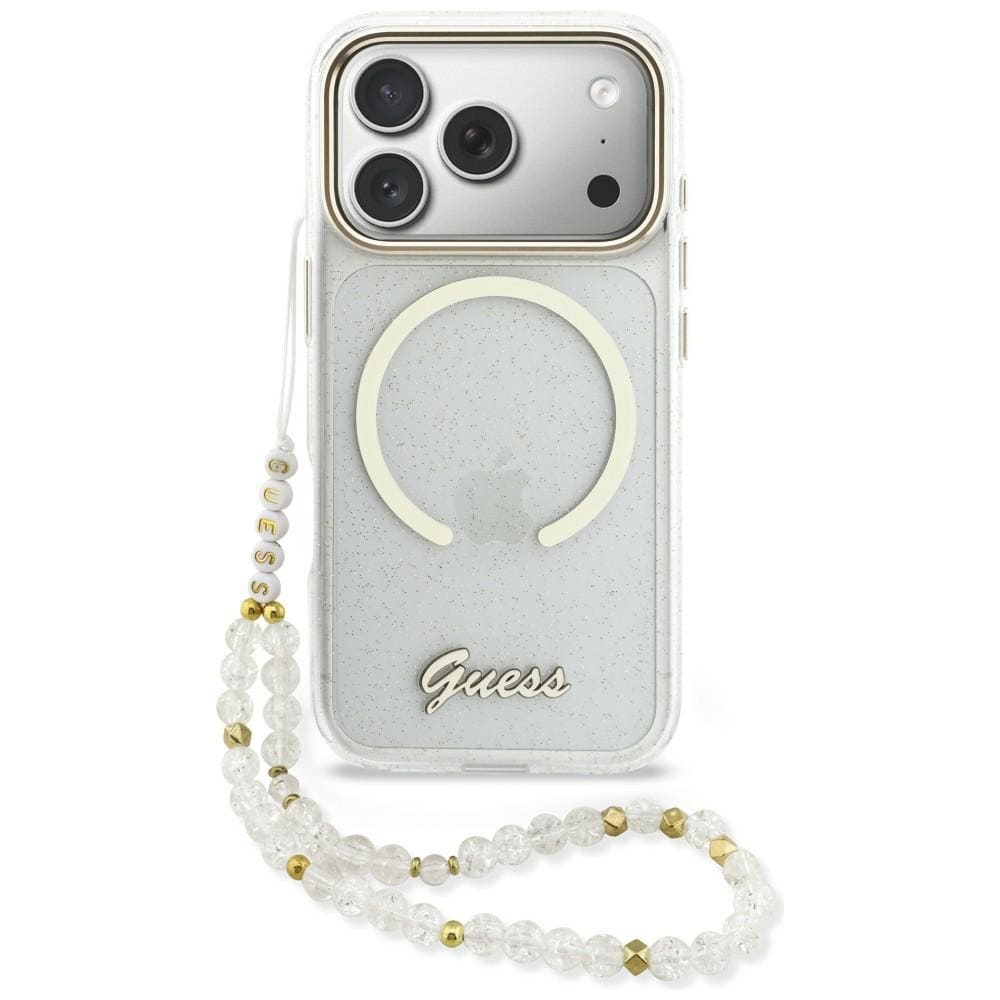 Guess IML Glitters Script Strap MagSafe-etui til iPhone 17 Pro - Klar