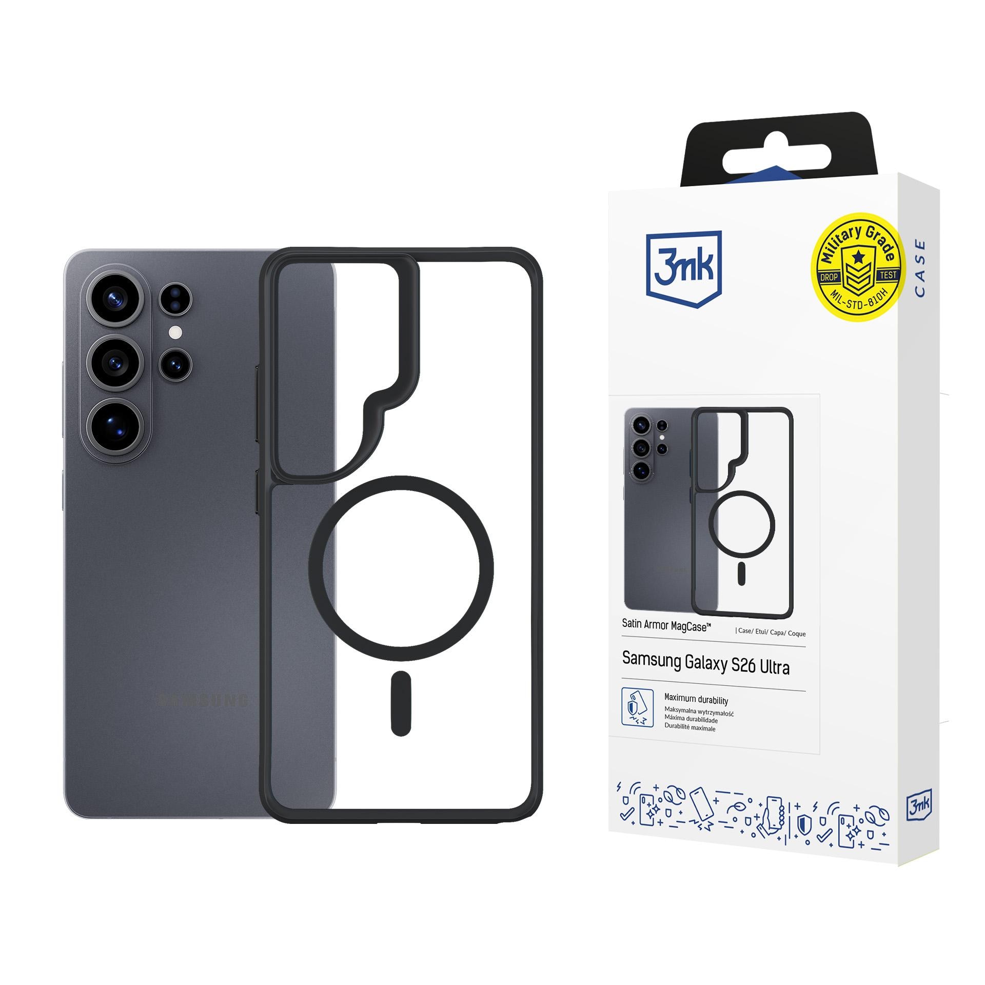 3mk Satin Armor MagCase til Samsung Galaxy S26 Ultra - Gennemsigtig sort