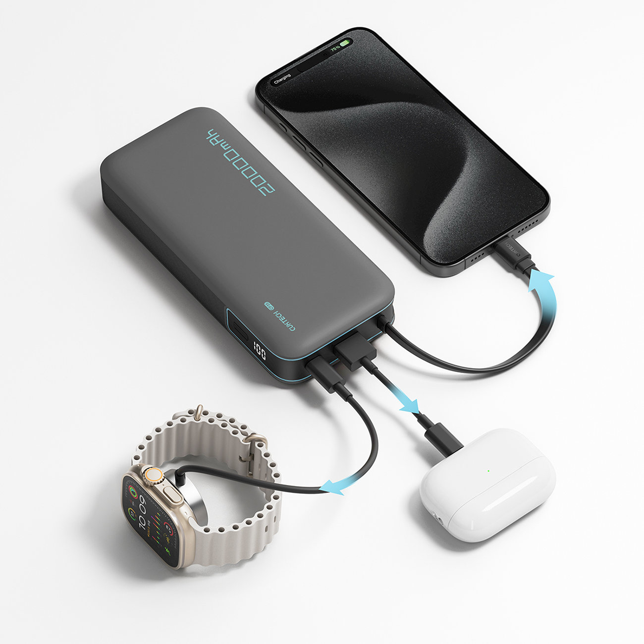 Cuktech CUKP200NGLLG 55W 20000mAh powerbank med indbygget USB-C-kabel - hvid