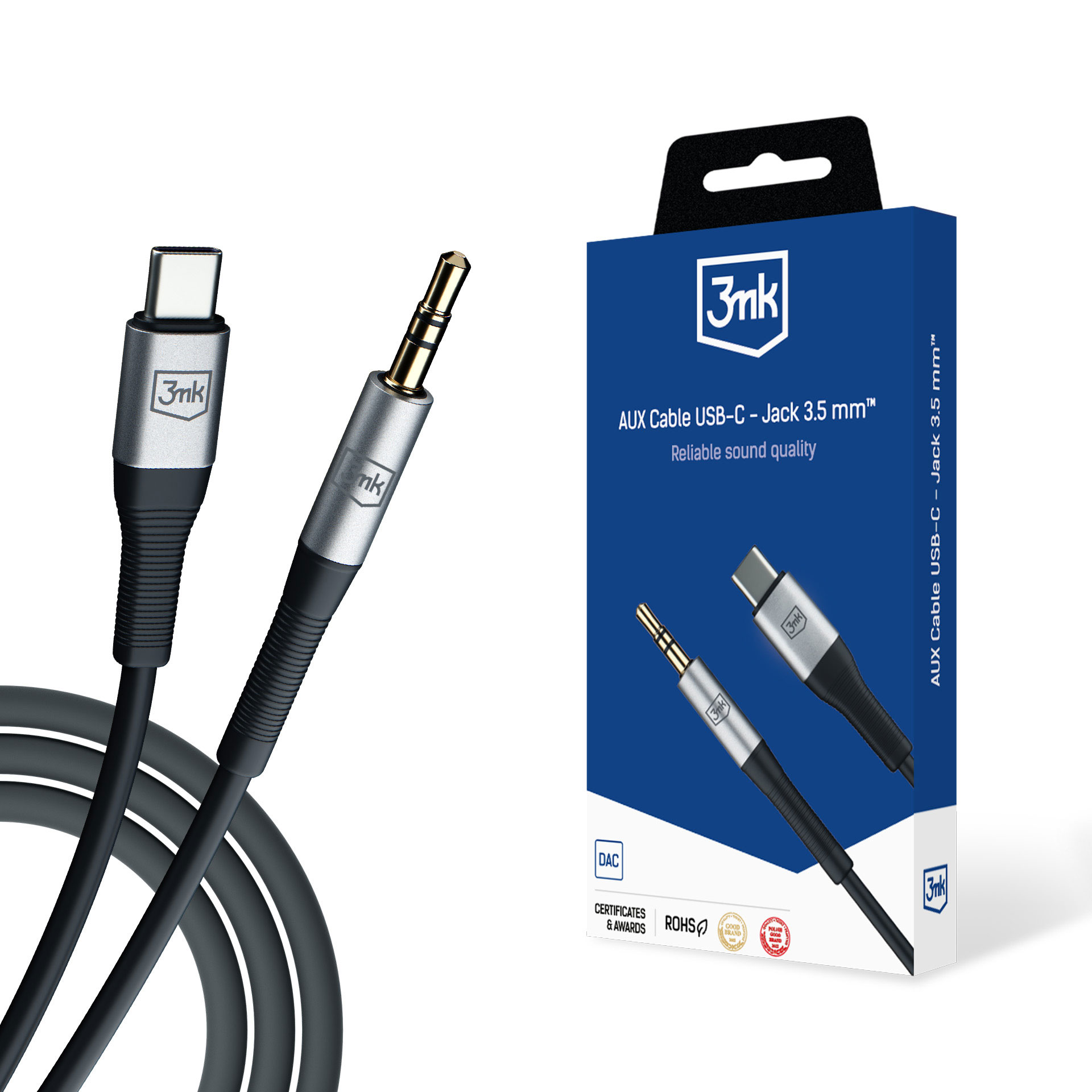 3mk AUX minijack 3,5 mm / USB-C-kabel - sølv