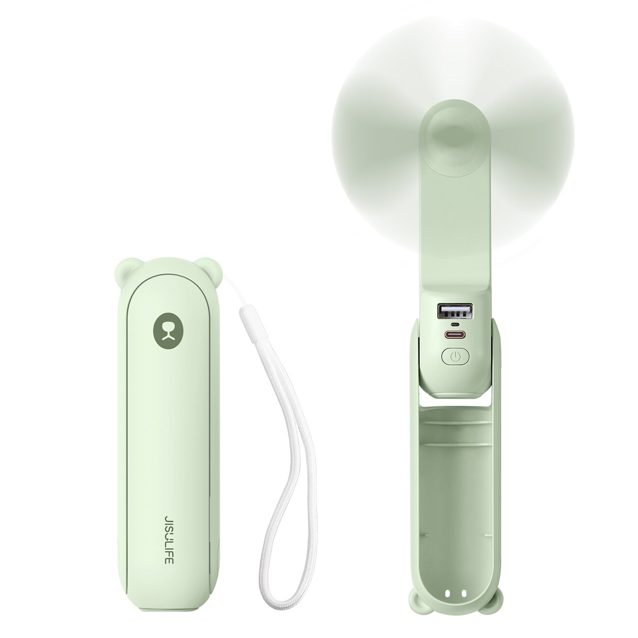 Jisulife Life8 Mini håndholdt USB ventilator m. 2000mAh powerbank og lommelygte - grøn