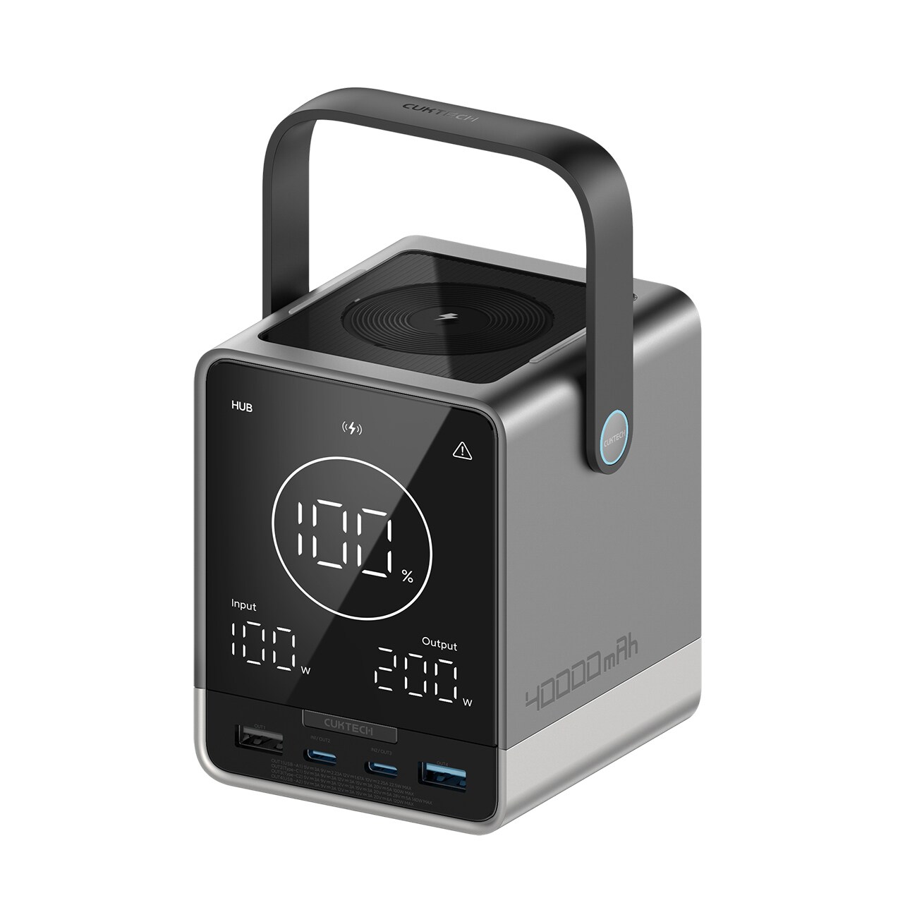 Cuktech Powerbank 300W 40000mAh med trådløs opladning 2x USB-C + 2x USB-A - Sort