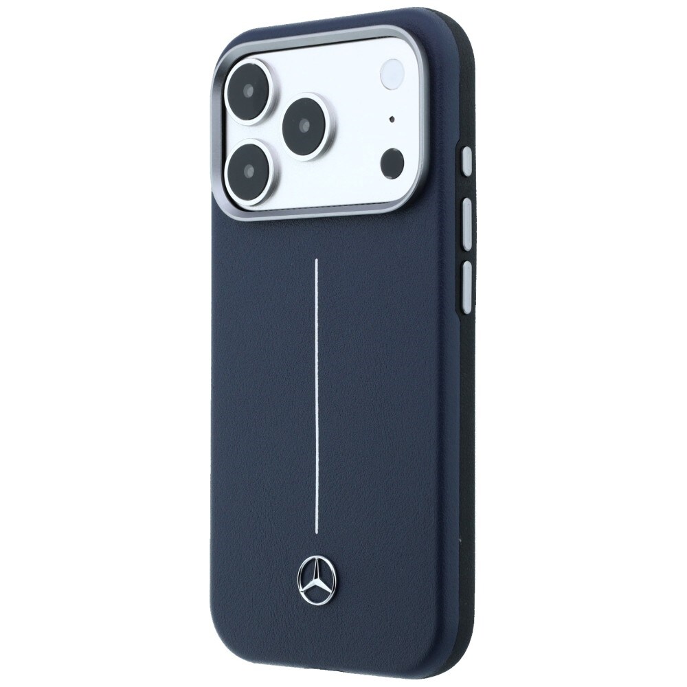 Mercedes læderetui med halvomslag i Iconic Line med MagSafe til iPhone 17 Pro – marineblå