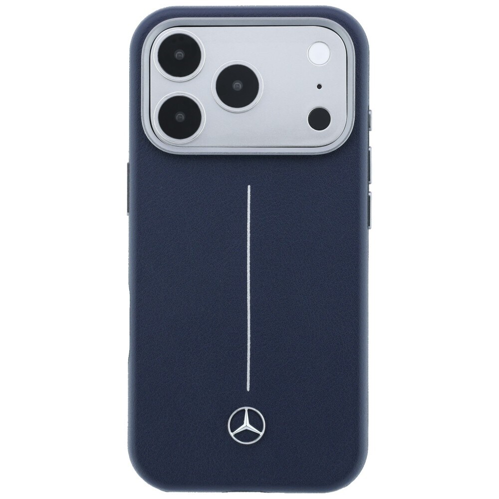 Mercedes læderetui med halvomslag i Iconic Line med MagSafe til iPhone 17 Pro – marineblå