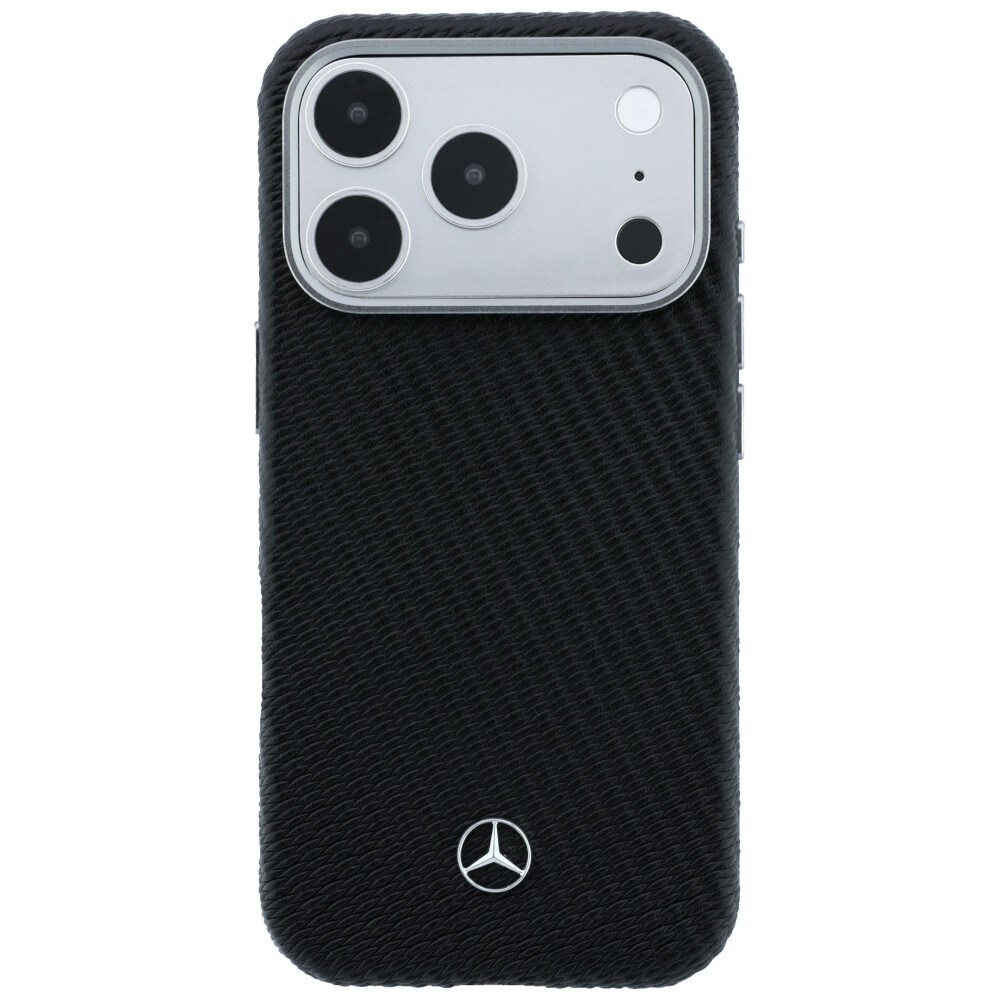 Mercedes læderetui med halvomslag i trælook og MagSafe til iPhone 17 Pro Max – Sort