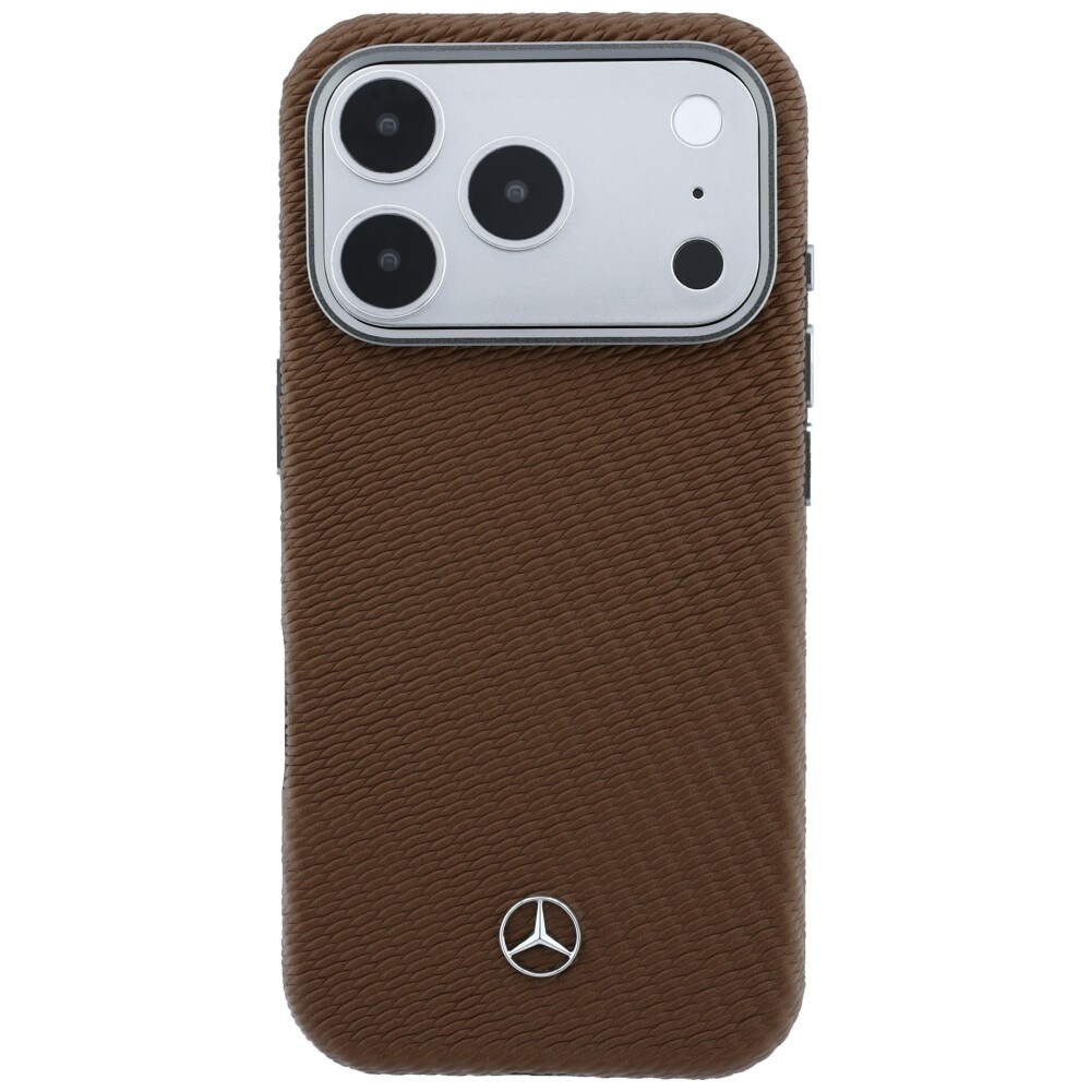 Mercedes læderetui med halvomslag i trælook og MagSafe til iPhone 17 Pro – brun