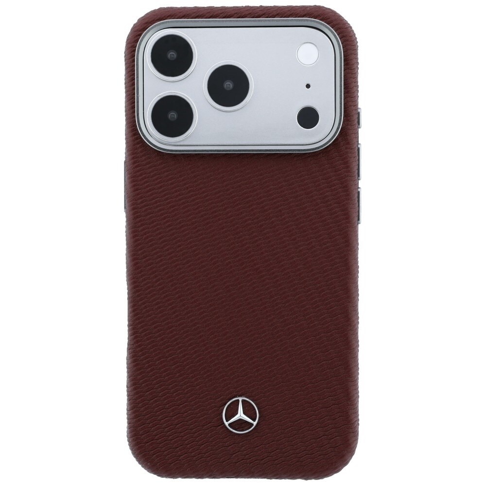 Mercedes læderetui med halvomslag i trælook og MagSafe til iPhone 17 Pro Max – Rød
