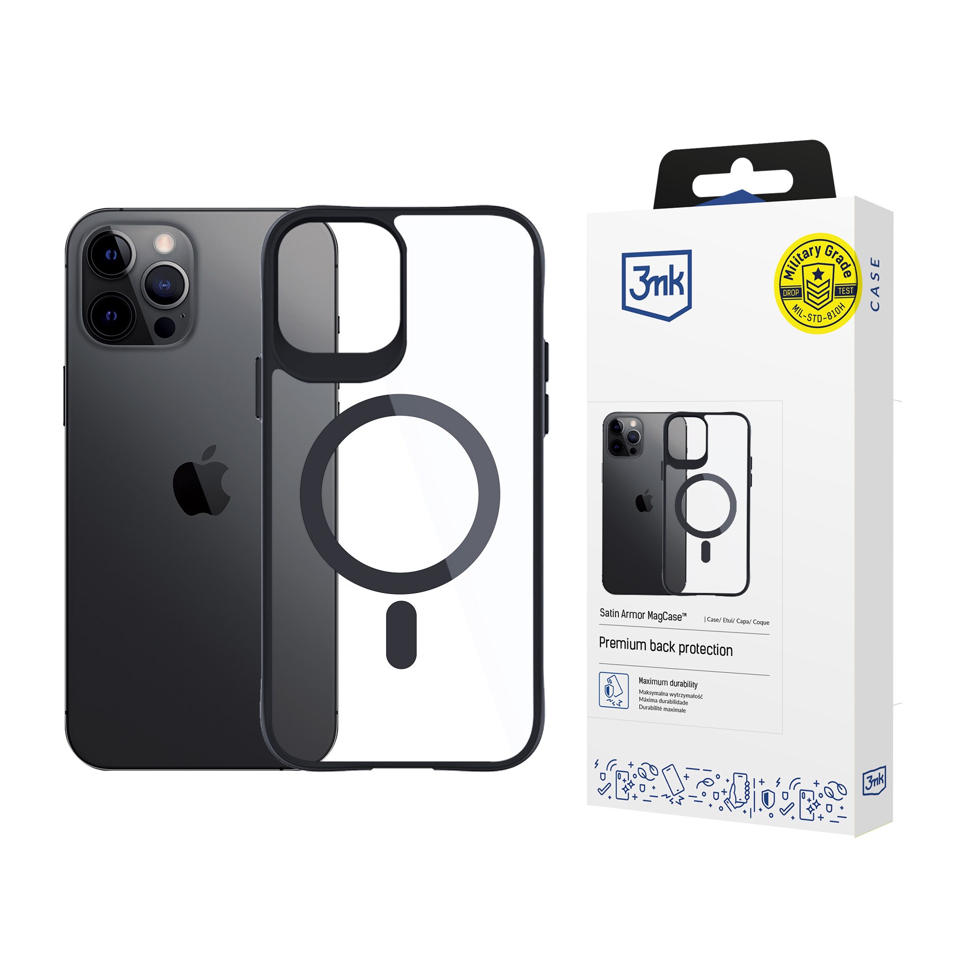 3mk Satin Armor MagCase med MagSafe til iPhone 12 Pro Max – Gennemsigtig med sort ramme
