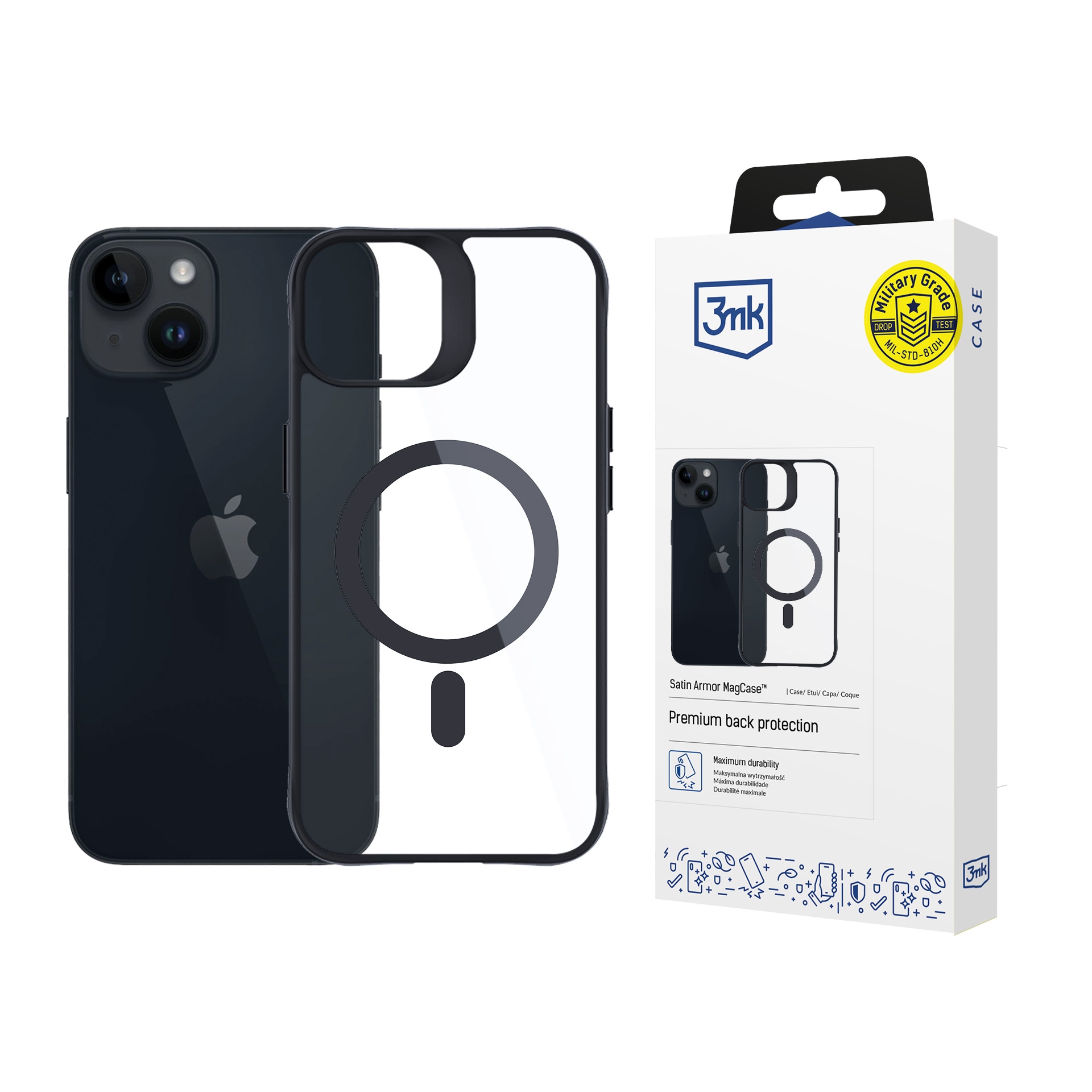 3mk Satin Armor MagCase med MagSafe til iPhone 13 / 14 – Gennemsigtig med sort ramme