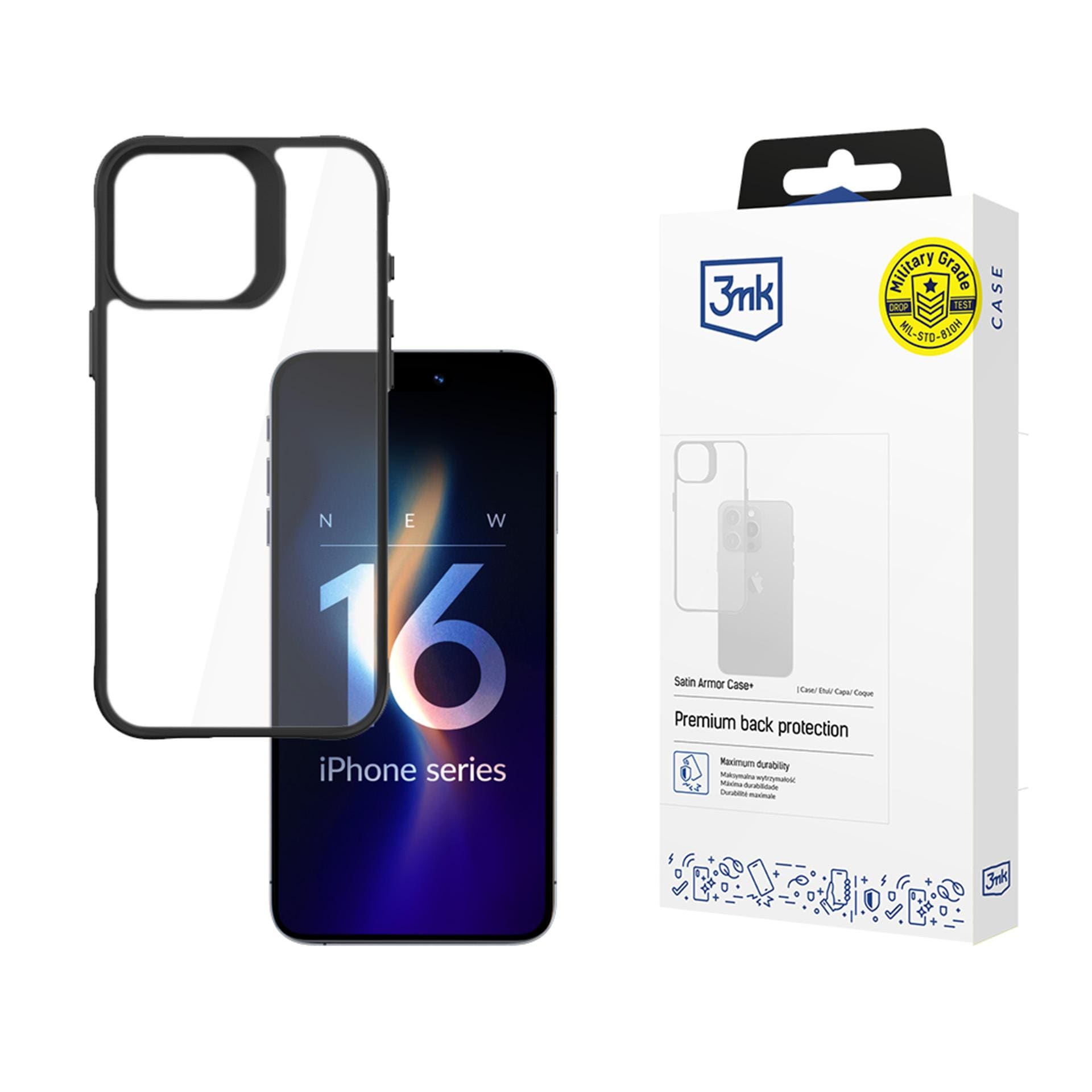 3mk Satin Armor Case+ til iPhone 16 Pro Max – Gennemsigtig med sort ramme