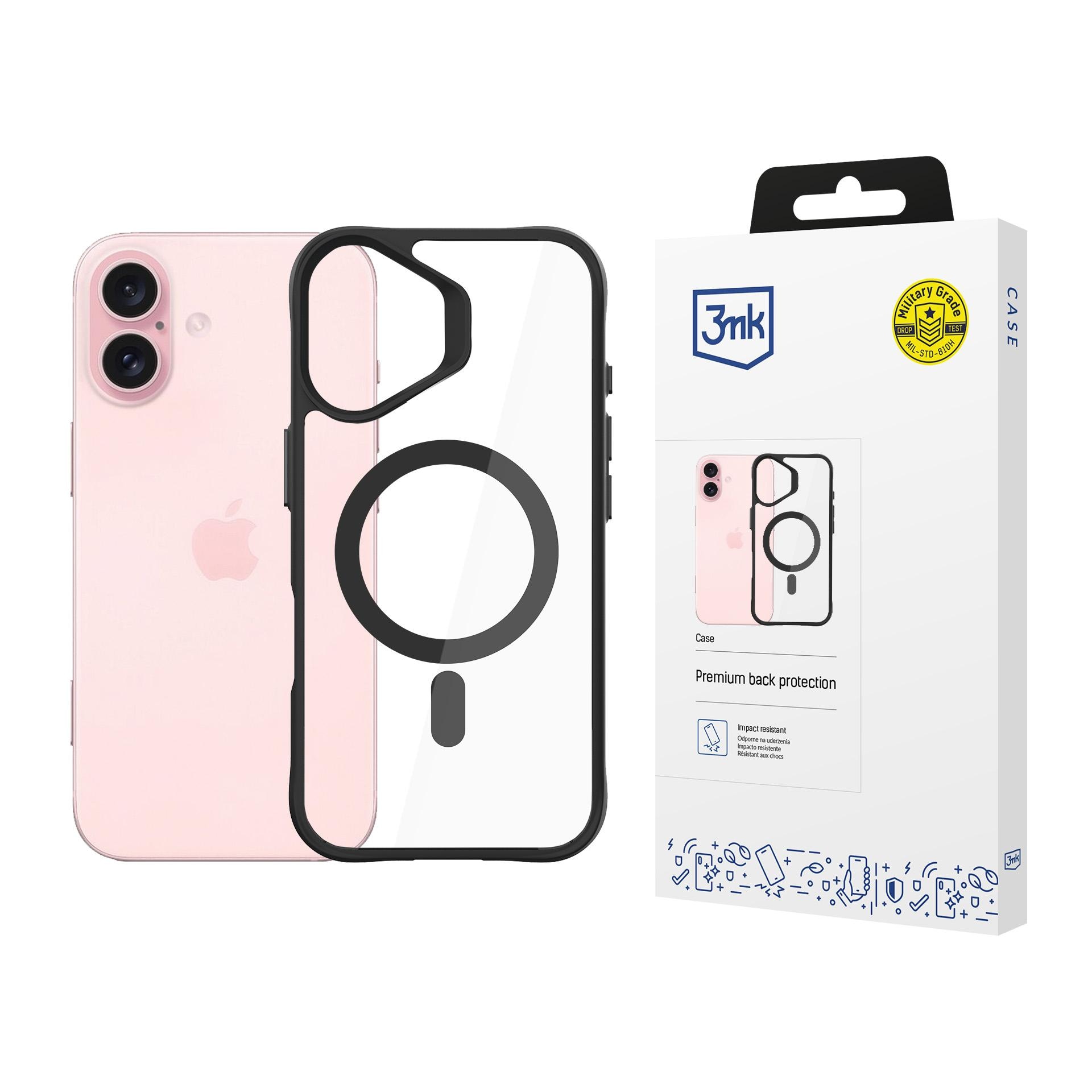 3mk Satin Armor MagCase med MagSafe til iPhone 16 – Gennemsigtig med sort ramme