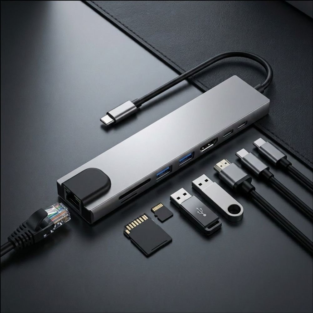 Tech-Protect HB09 USB-hub 8-i-1 Type-C + USB-A 3.0 + USB-C 3.0 + HDMI 4K 60Hz + SD/TF – grå
