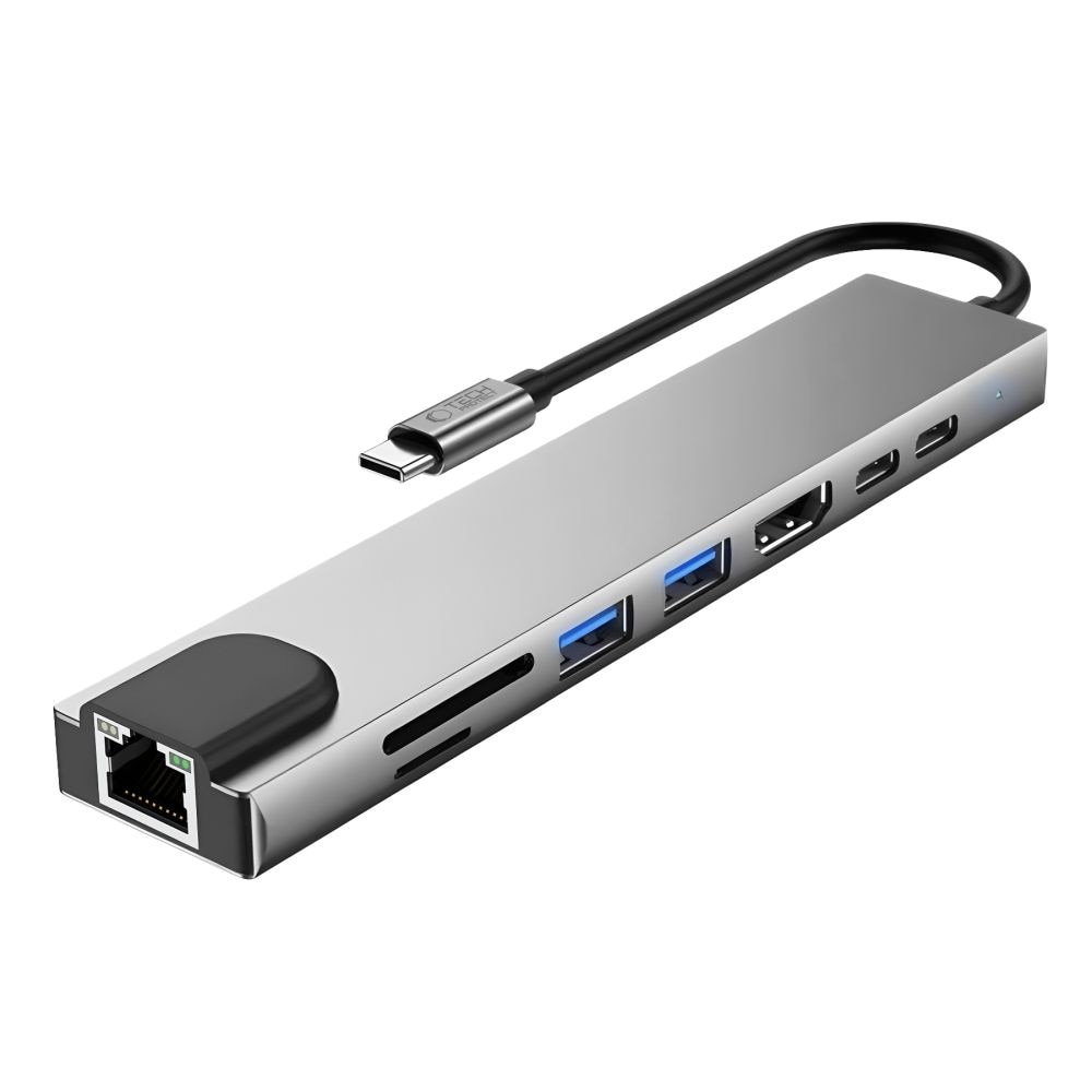 Tech-Protect HB09 USB-hub 8-i-1 Type-C + USB-A 3.0 + USB-C 3.0 + HDMI 4K 60Hz + SD/TF – grå