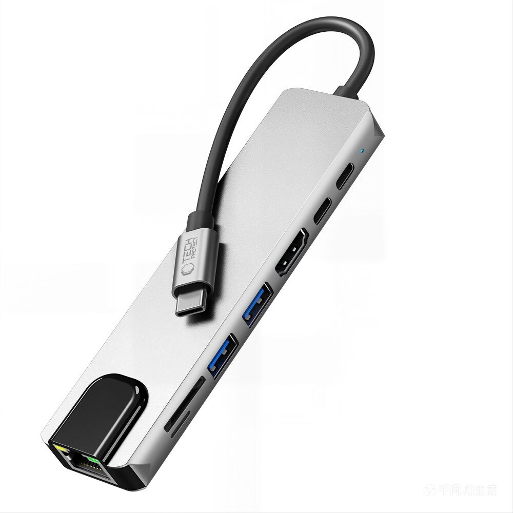 Tech-Protect HB09 USB-hub 8-i-1 Type-C + USB-A 3.0 + USB-C 3.0 + HDMI 4K 60Hz + SD/TF – grå