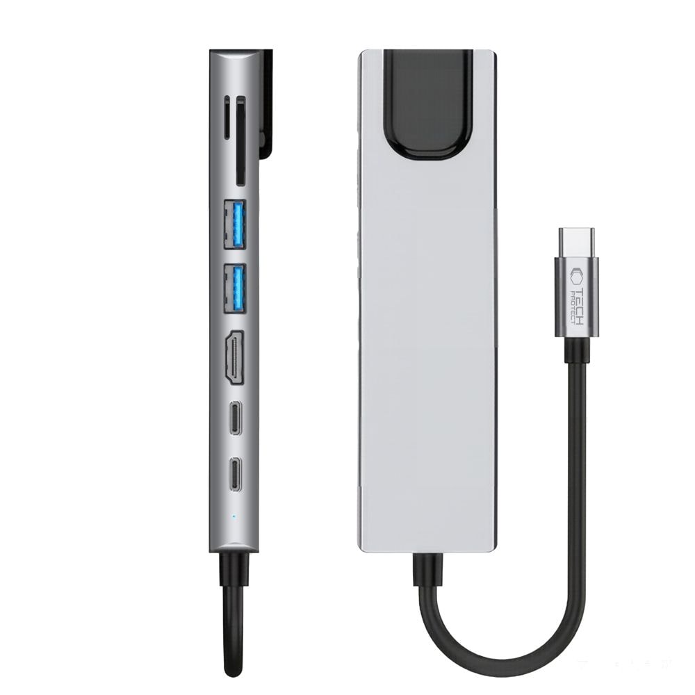 Tech-Protect HB09 USB-hub 8-i-1 Type-C + USB-A 3.0 + USB-C 3.0 + HDMI 4K 60Hz + SD/TF – grå