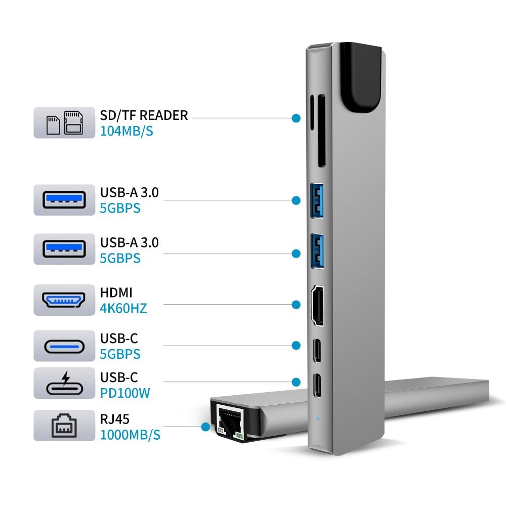 Tech-Protect HB09 USB-hub 8-i-1 Type-C + USB-A 3.0 + USB-C 3.0 + HDMI 4K 60Hz + SD/TF – grå