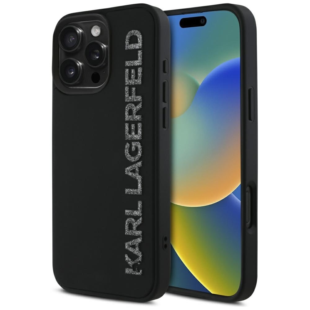 Karl Lagerfeld HC 3D-gummi-iPhone 16 Pro-etui med aflang form og glitter – sort