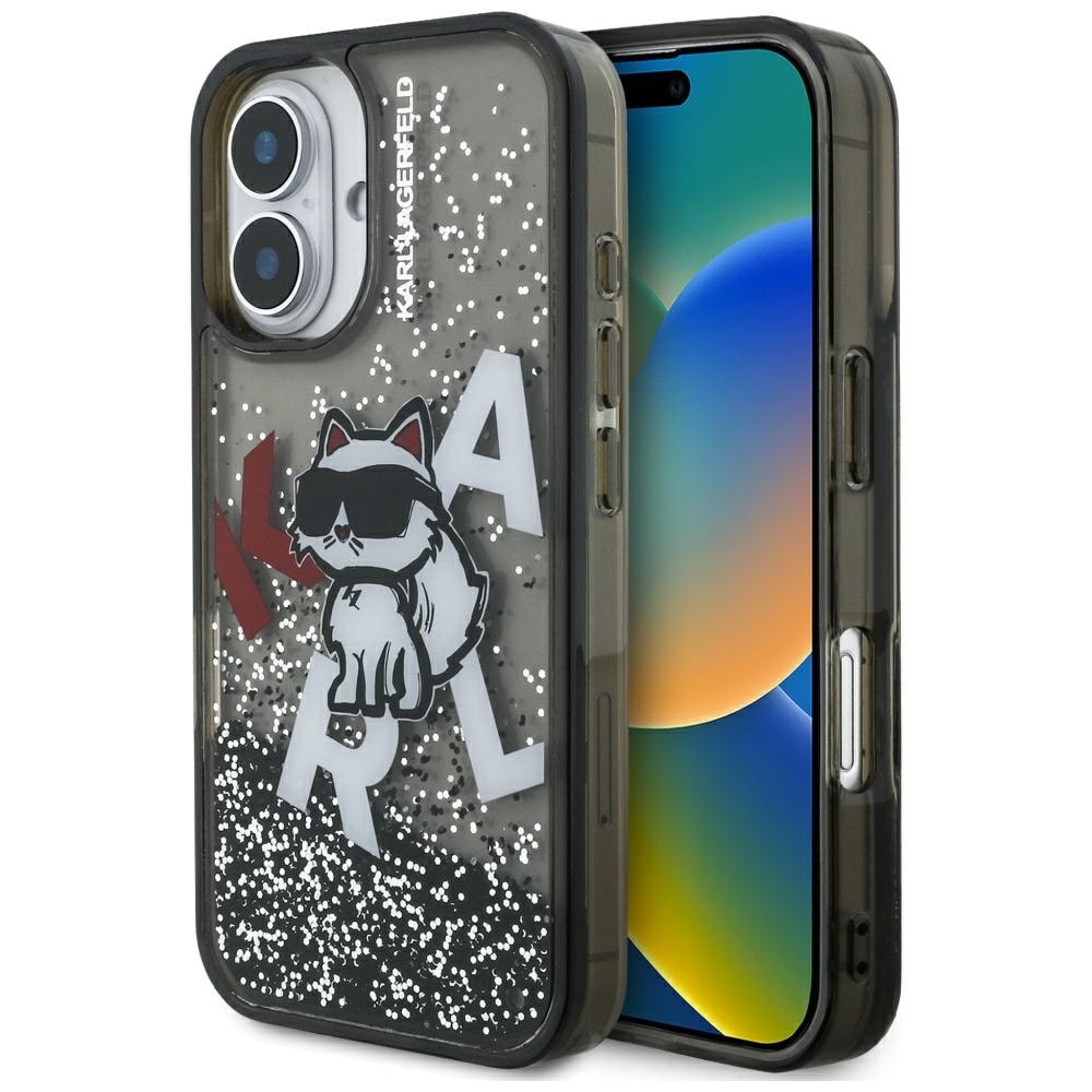 Karl Lagerfeld iPhone 16-etui med flydende glitter og Choupette-logo – sort