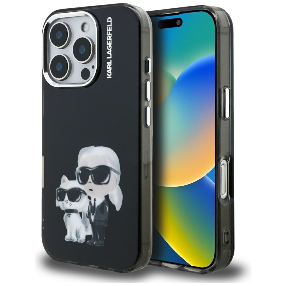 Karl Lagerfeld IML Aquarelle Karl & Choupette & Logo iPhone 16 Pro-etui, sort