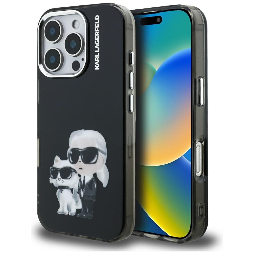 Karl Lagerfeld IML Aquarelle Karl & Choupette & Logo-etui til iPhone 16 Pro Max – Sort