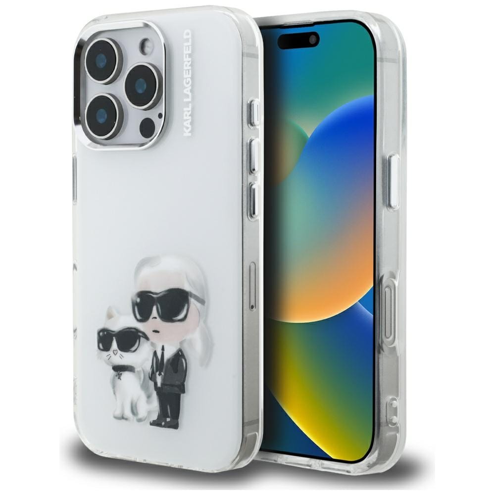 Karl Lagerfeld IML Aquarelle Karl & Choupette & Logo iPhone 16 Pro-etui – hvid
