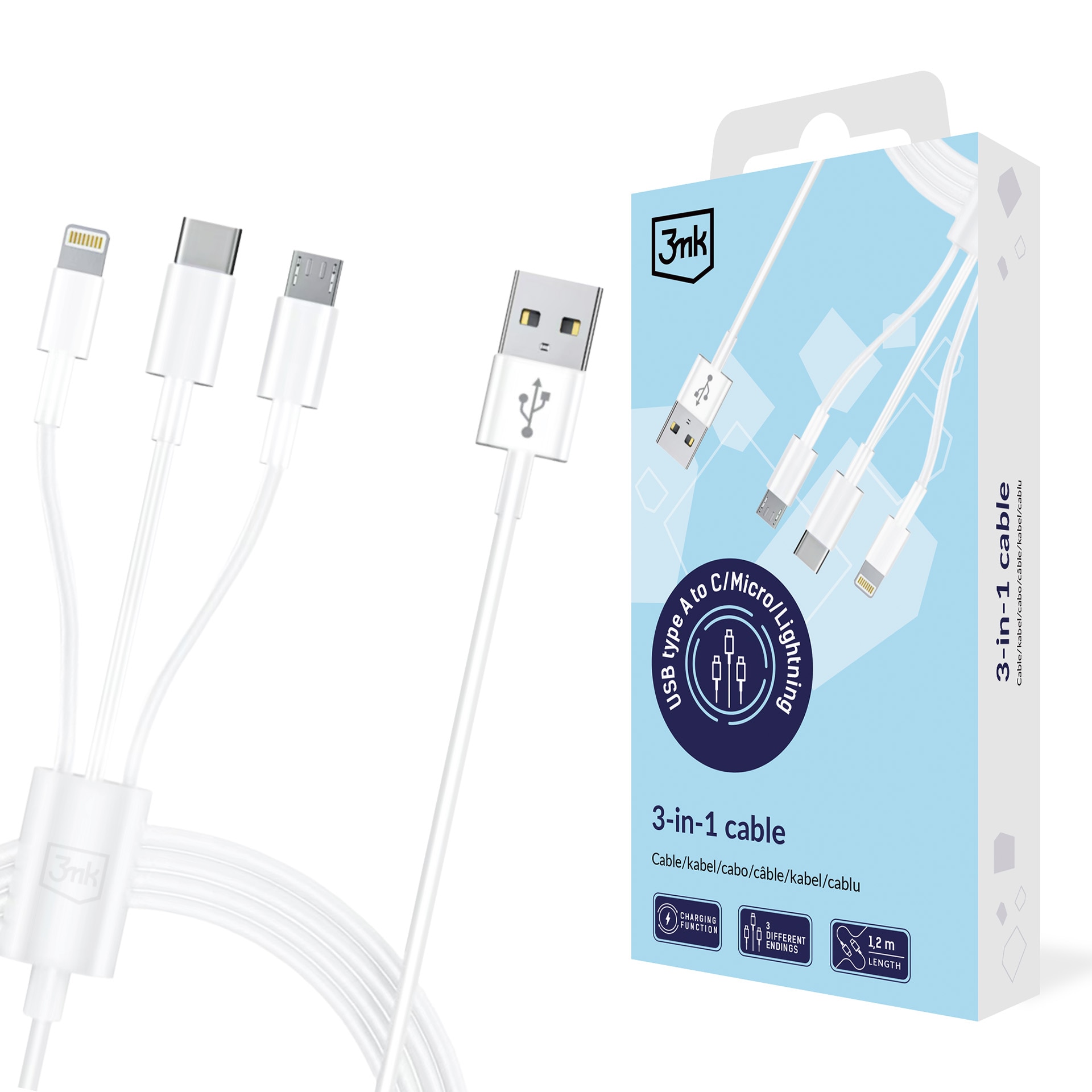 3mk-kabel 3-i-1 USB-A – micro-USB / Lightning / USB-C 1,2 m 20 V/2,4 A 15 W – hvid