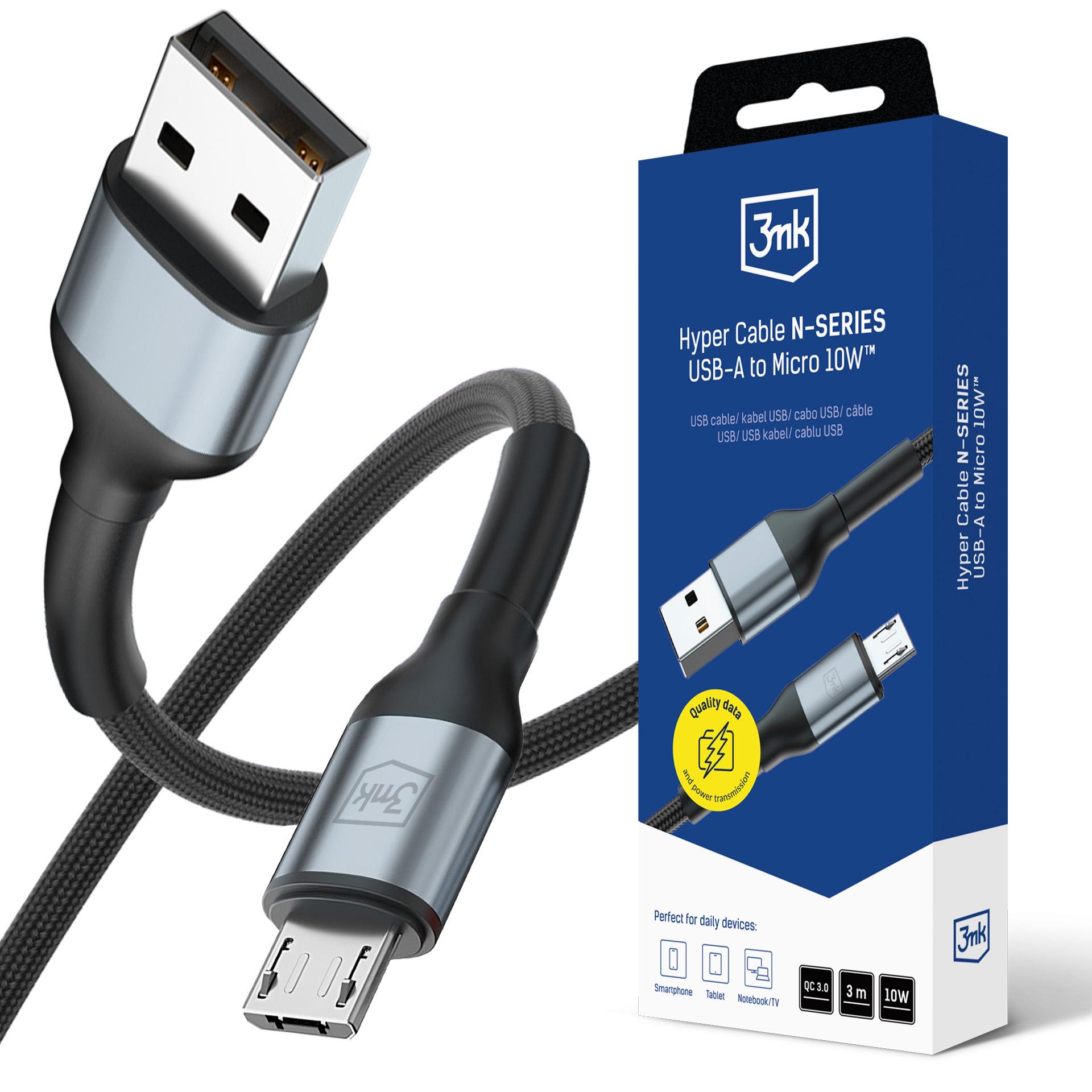3mk Hyper Cable N-SERIES USB-A / MicroUSB 3 m QC 3.0 5 V/2 A 10 W – sort
