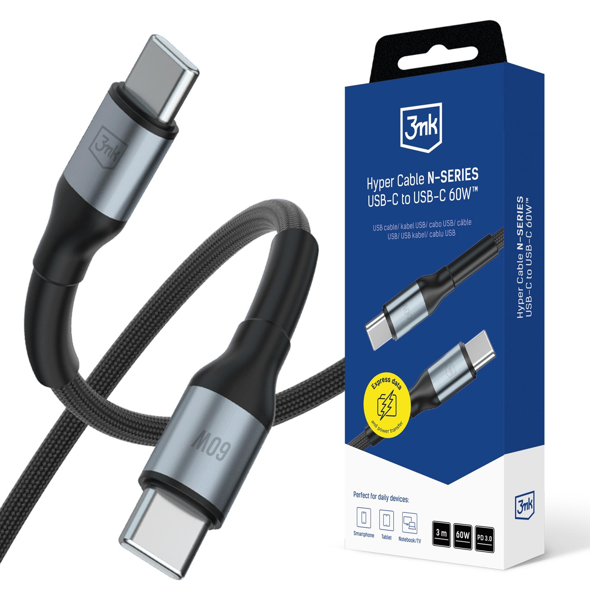 3mk Hyper Cable N-SERIES USB-C / USB-C 3 m PD 3.0 QC 3.0 20 V/3 A 60 W – sort