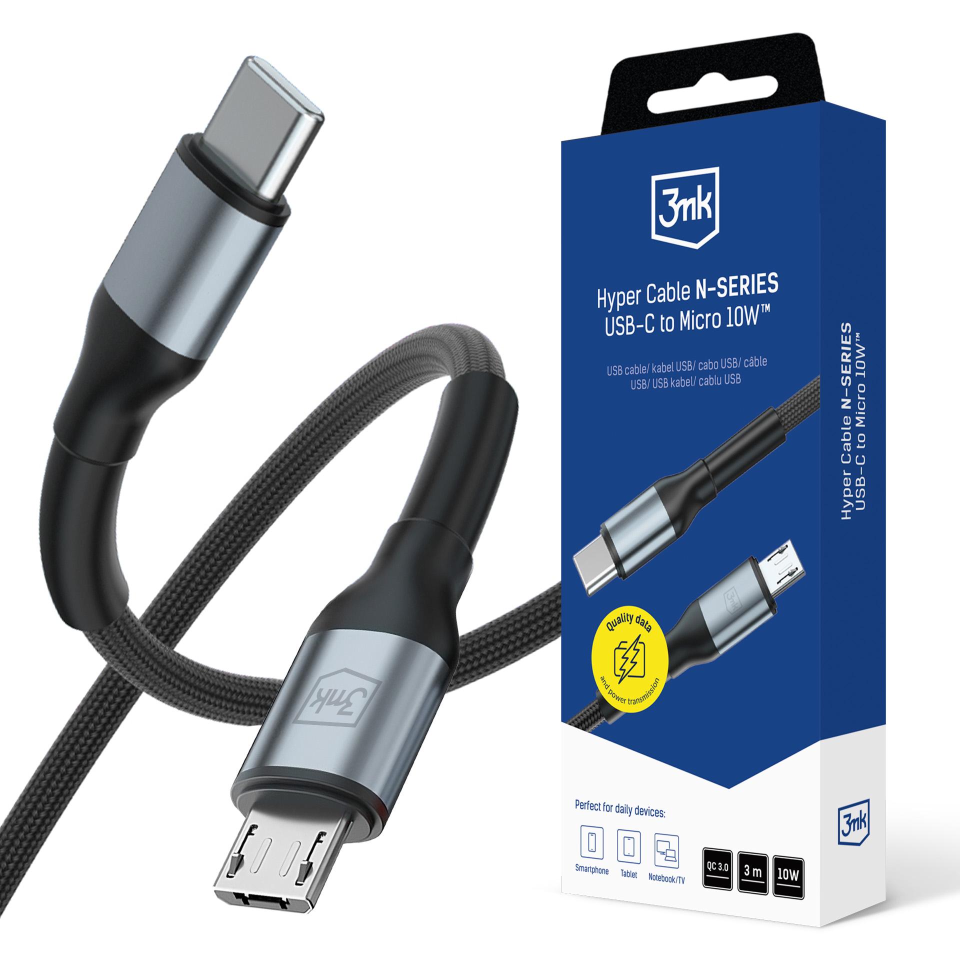 3mk Hyper Cable N-SERIES USB-C / MicroUSB 3 m QC 3.0 5 V/2 A 10 W – sort