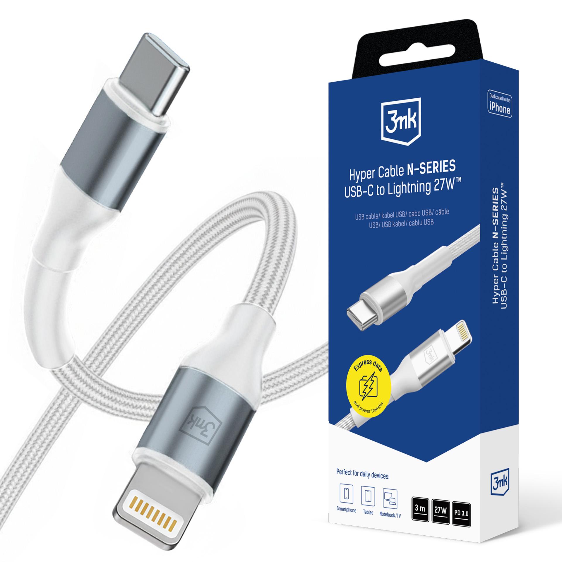 3mk Hyper Cable N-SERIES USB-C / Lightning 3 m PD 3.0 9 V/3 A 27 W – hvid