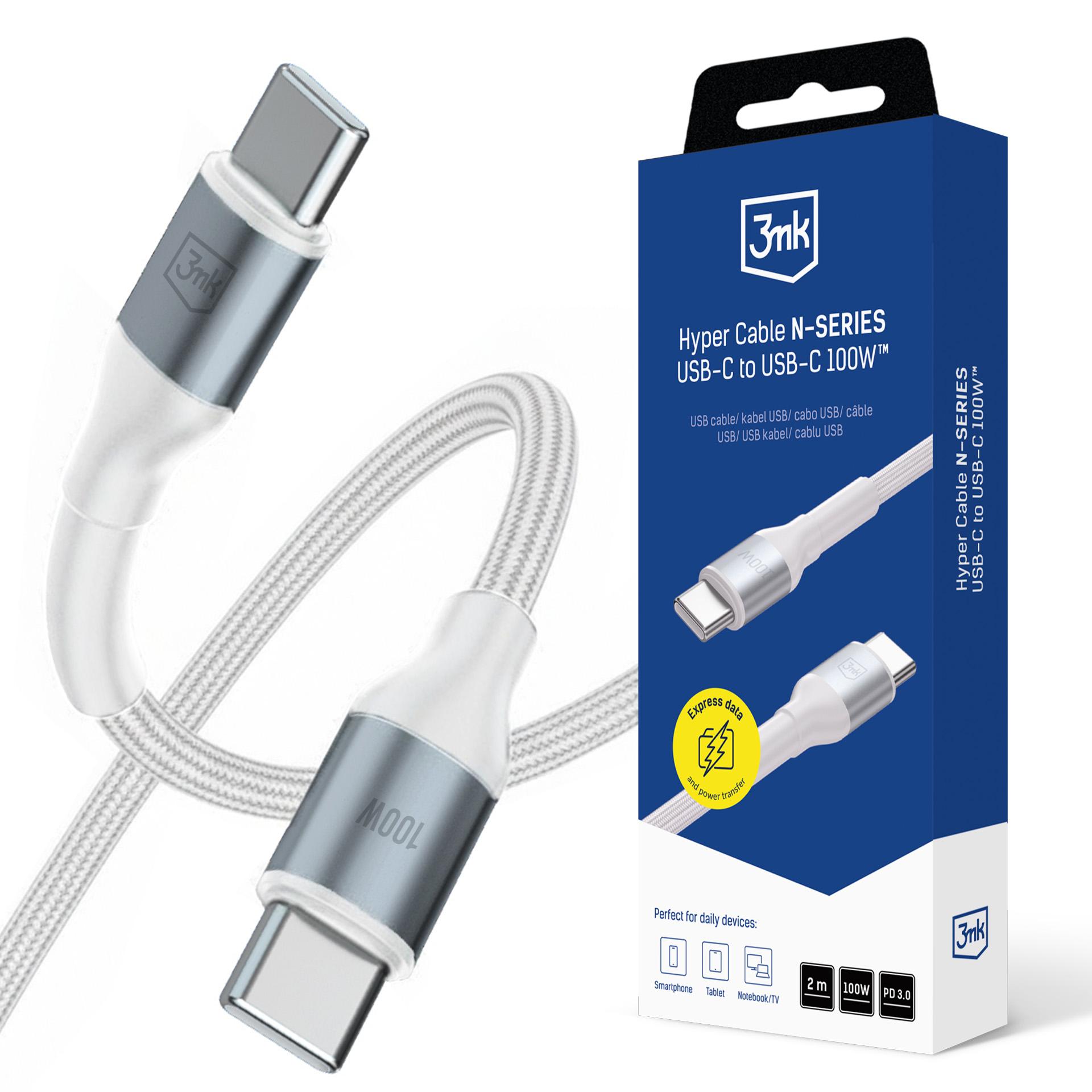 3mk Hyper Cable N-SERIES USB-C / USB-C 2 m PD 3.0 QC 3.0 20 V/5 A 100 W – hvid