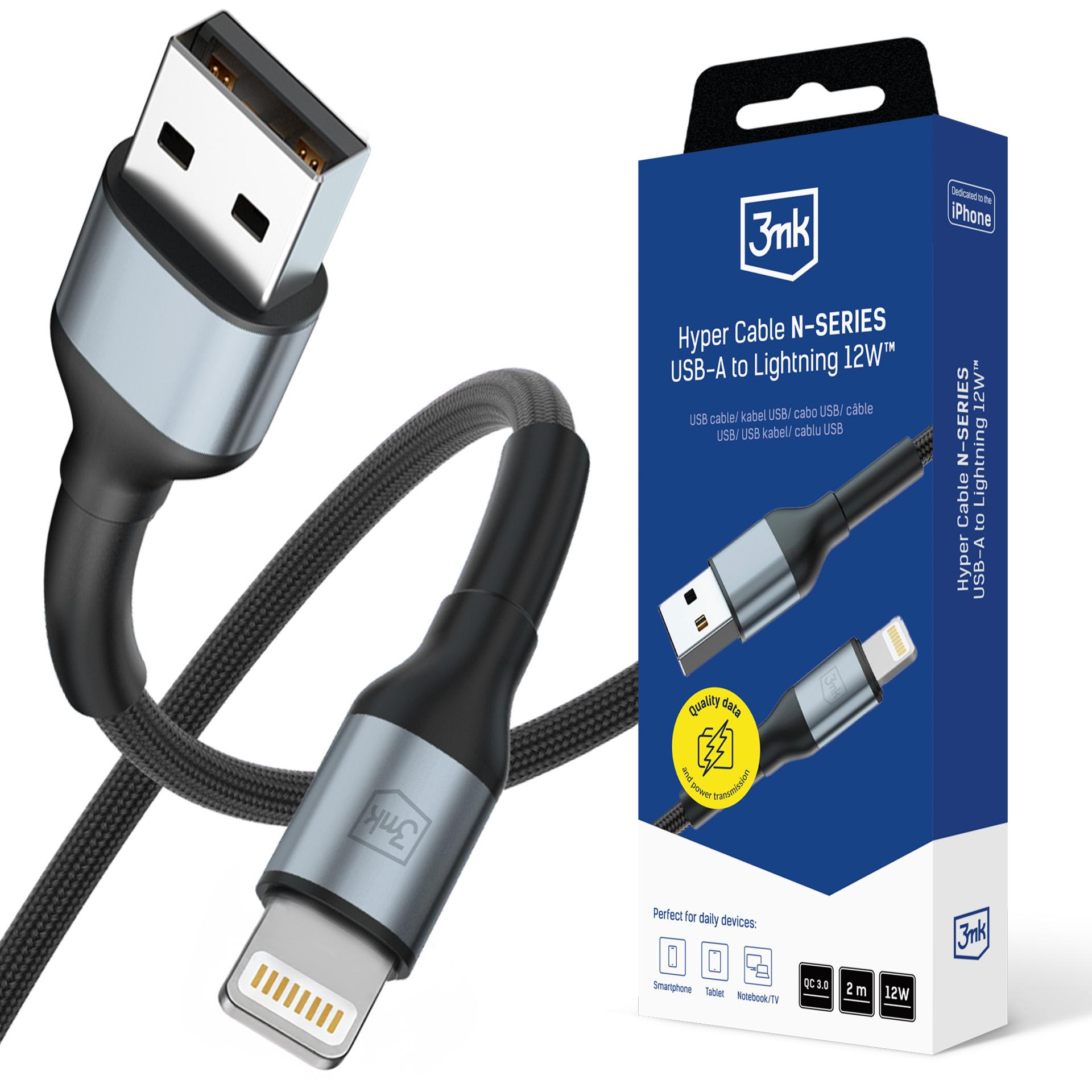 3mk Hyper Cable N-SERIES USB-A / Lightning 2 m QC 3.0 5 V/2,4 A 12 W – sort
