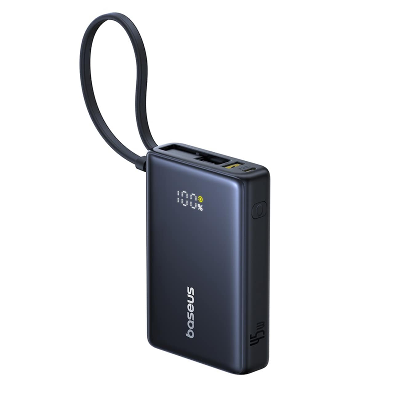Baseus PicoGo 10000mAh 45W powerbank med digitalt display og indbygget USB-C-kabel – sort